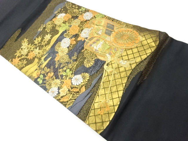 御所車に秋草模様織出し名古屋帯